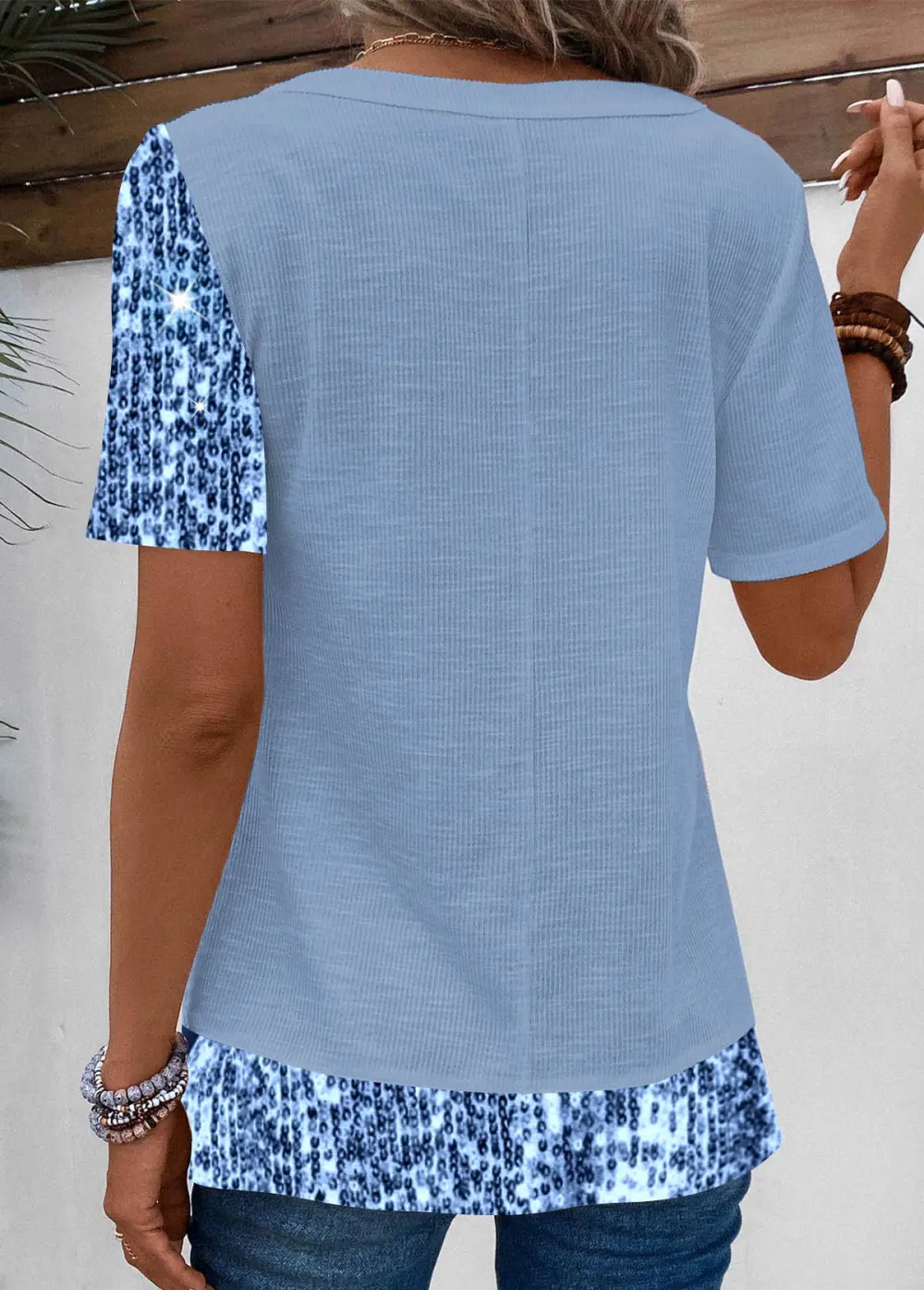 Patchwork Floral Print V Neck T Shirt