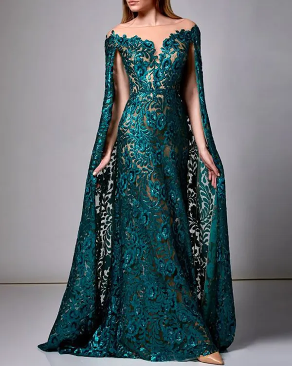 Gown maxi dress cape sequin embroidery