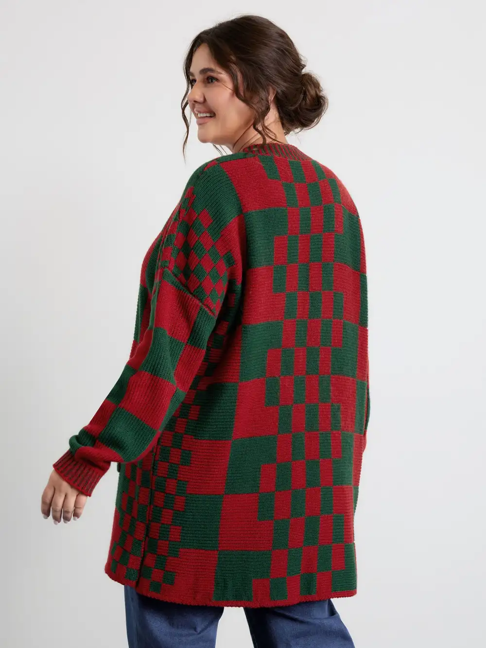 Holiday Checkered Open-Front Knit Cardigan