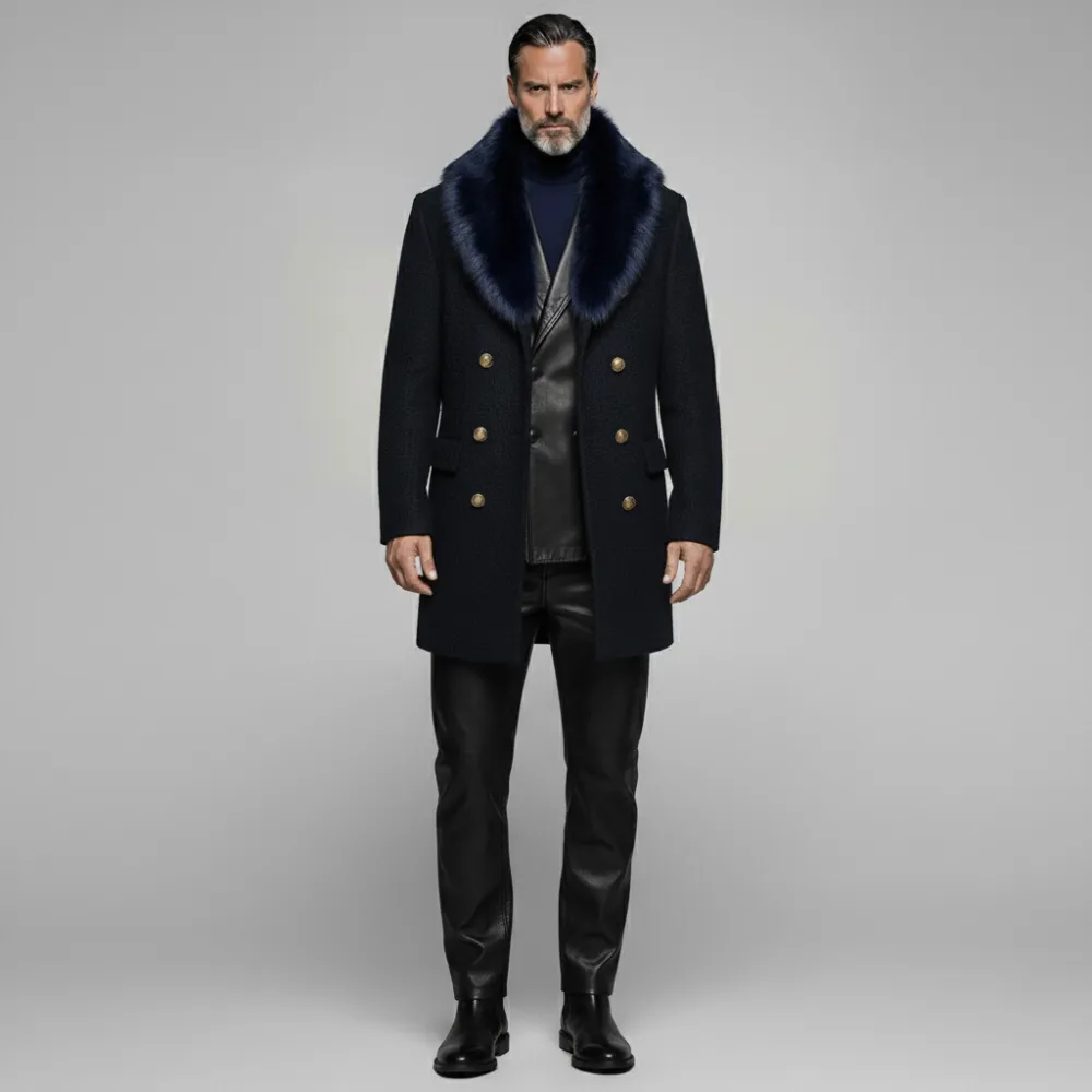 Men's Business Black Furry Collar Long Sleeve Double Breasted Mid-Length Overcoat