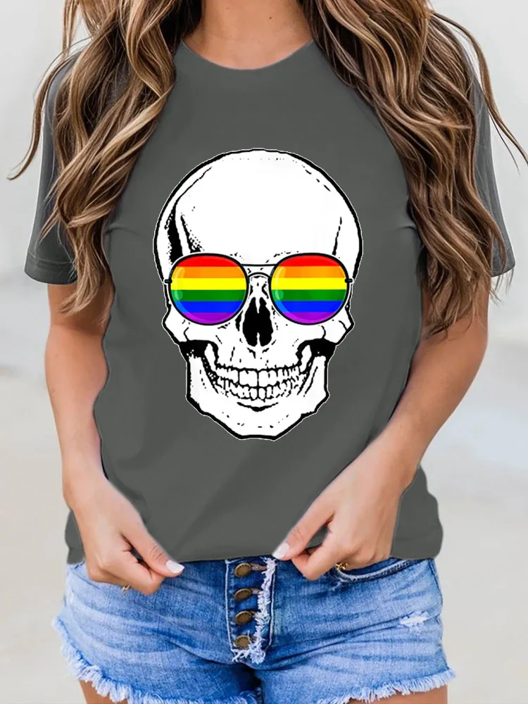 Women'S Gay Pride LGBT Skull With Rainbow Sunglasses T Shirt