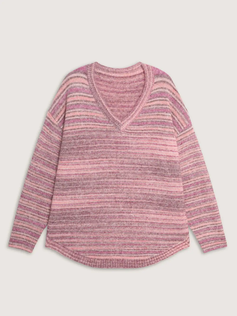 Ribbed Texture Curvy Hem V-Neck Pullover