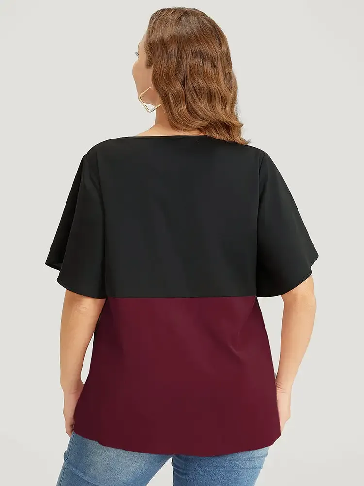 Colorblock Contrast Lace Panel Ruffles Blouse