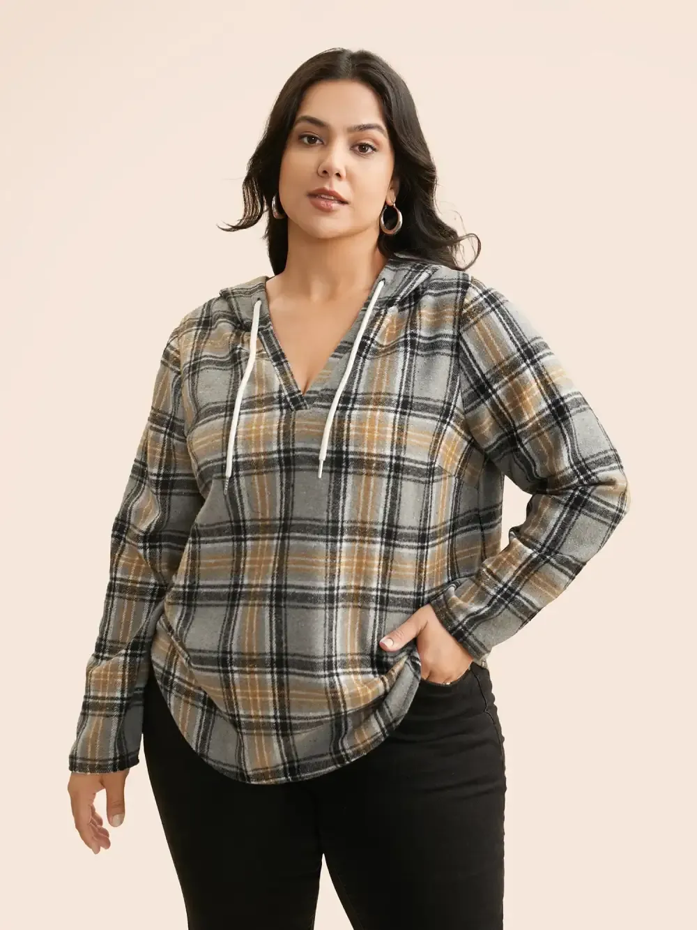 Brushed Fabric Plaid Hooded Sweatshirt
