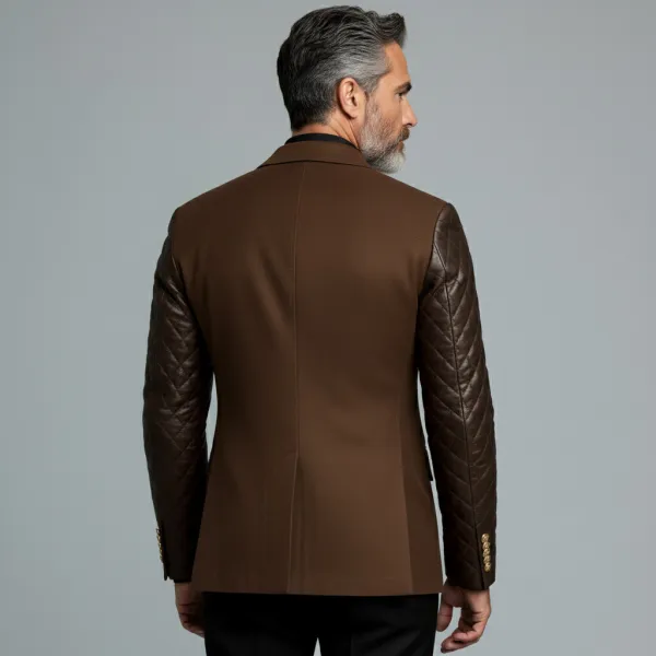 Men's Brown Suede Peak Lapel Double Breasted Quilted PU Leather Long Sleeve Blazer