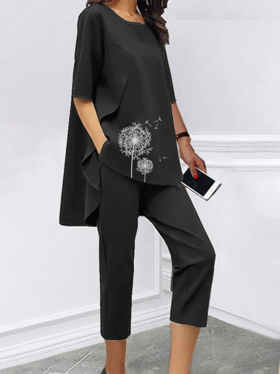 Loose Short Sleeve Casual Printed Seven-Piece Two-Piece Suit