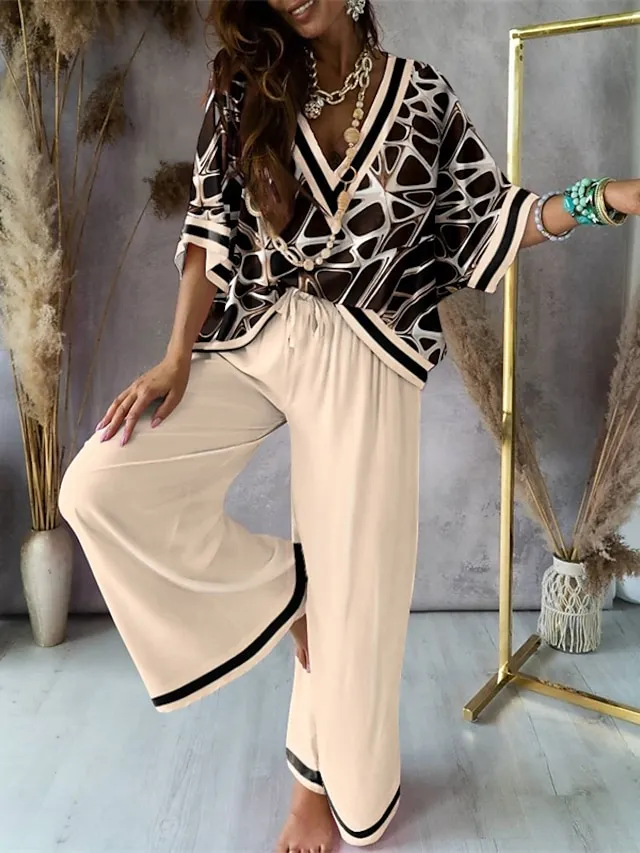 Women's Loungewear Sets Nighty 2 Pieces Geometic Simple Comfort Home Daily Going out Polyester Breathable V Wire Half Sleeve Shirt Pant Fall Spring Khaki White