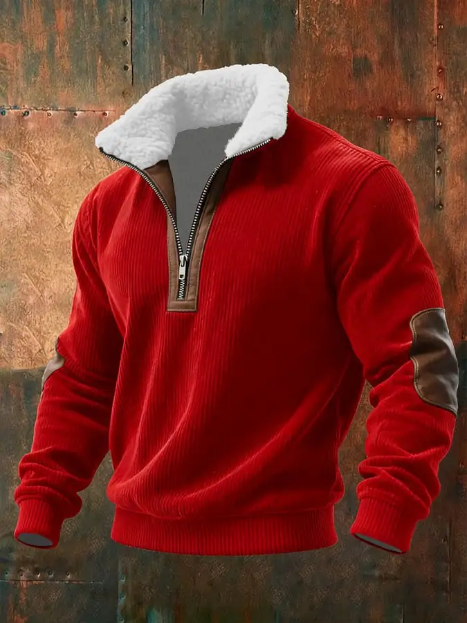 Men's Knitted Fabric Zipper Fur Collar Sweatshirt