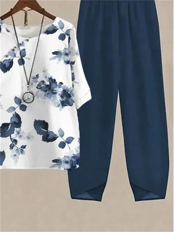 Women's Shirt Pants Sets Floral Holiday Weekend Print Blue Elegant Fashion Daily Round Neck Fall & Winter