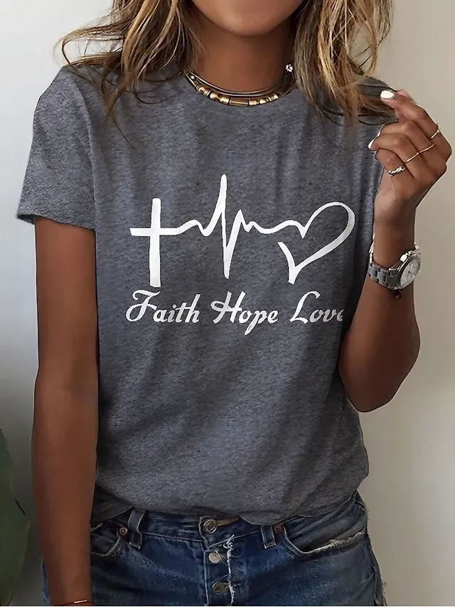 Women's T shirt Tee Cotton 100% Cotton White Yellow Pink Heart Letter Print Short Sleeve Casual Weekend Basic Round Neck Regular Fit Painting