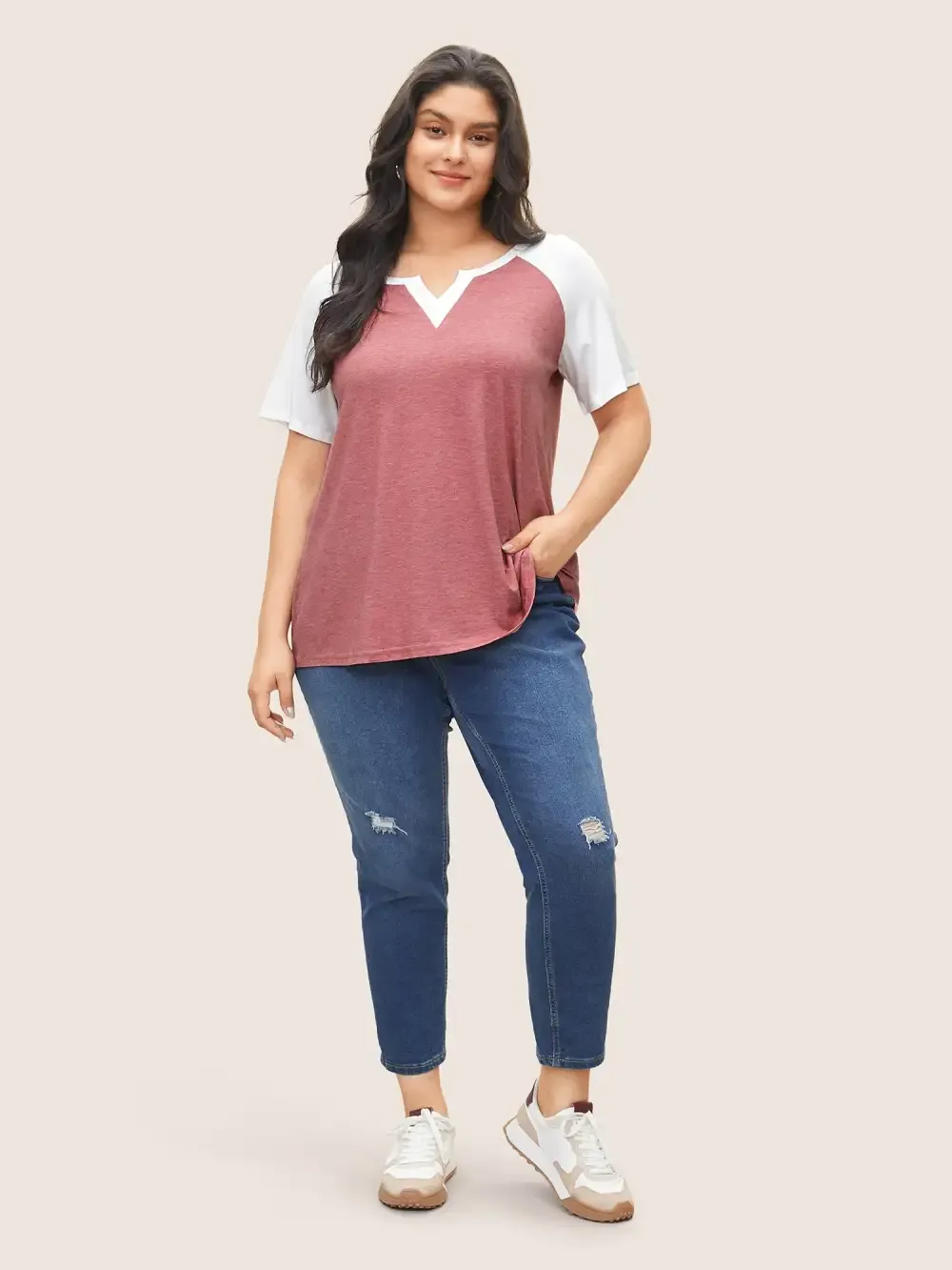 Colorblock Contrast Notched Raglan Sleeve T-Shirt