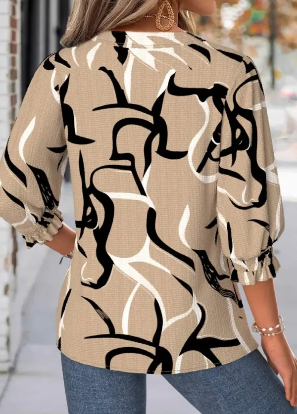 Light Camel Geometric Print 3/4 Sleeve Split Neck Blouse