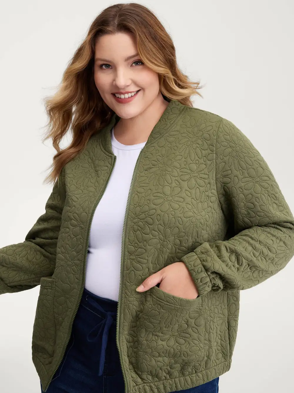 Floral Textured Zipper Front Jacket