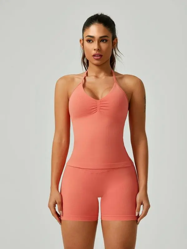 Women's Solid Ruched Design Backless Halter Top & High Waist Shorts Tracksuit Set