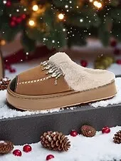 Women's Faux Fur Lined Rhinestone Slippers, Warm Plush Non-Slip Indoor Shoes, Elegant Winter House Footwear for Holiday Comfort