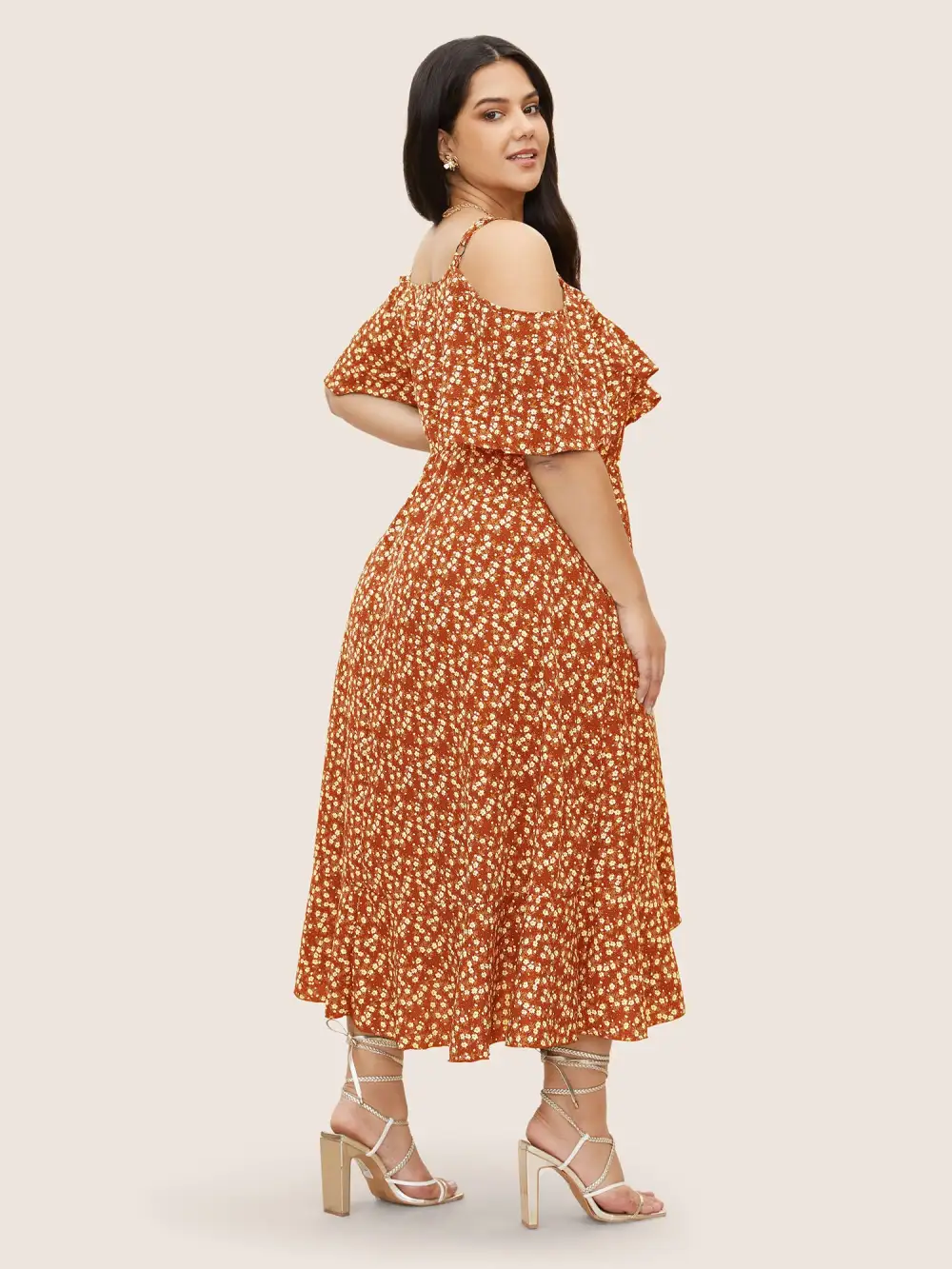 Ditsy Floral Pocket Wrap Cold Shoulder Ruffle Dress