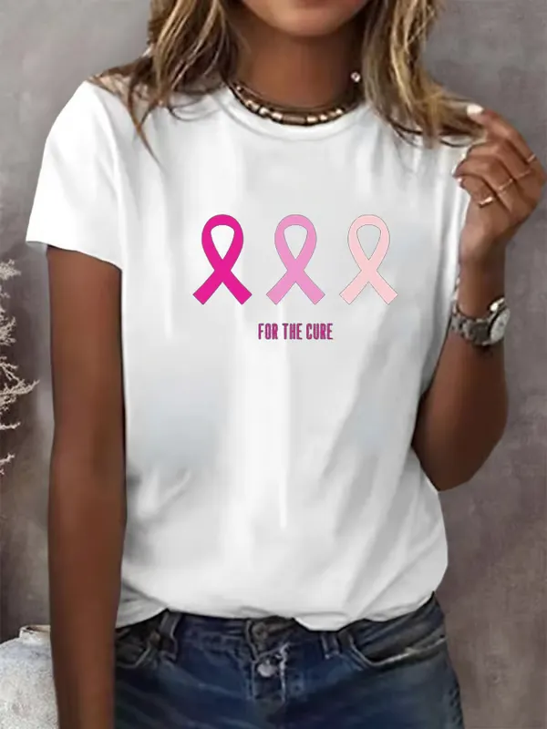 Women'S T-Shirt Pure Cotton Round Neck Printed Short Sleeve Female Breast Cancer Printed Casual Round Neck Short Sleeve Top