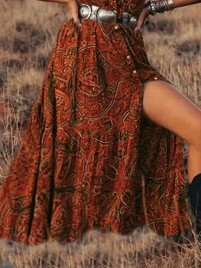 Women's Swing Dress Boho Dress Long Dress Maxi Dress Tribal Ethnic Blue Red Brown Short Sleeve Floral Button Split Print Spring Summer V Neck Casual Belt Not Included Loose Fit 2023 S M L XL XXL 3XL