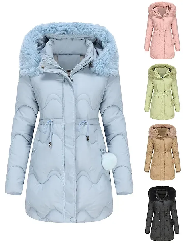 Women's Parka Puffer Jacket Winter Coat Thermal Warm Heated Coat with Removable Fur Collar Drawstring Zip up Hooded Coat Fall Outerwear with Pockets Classic Long Sleeve Light Blue Pink Black
