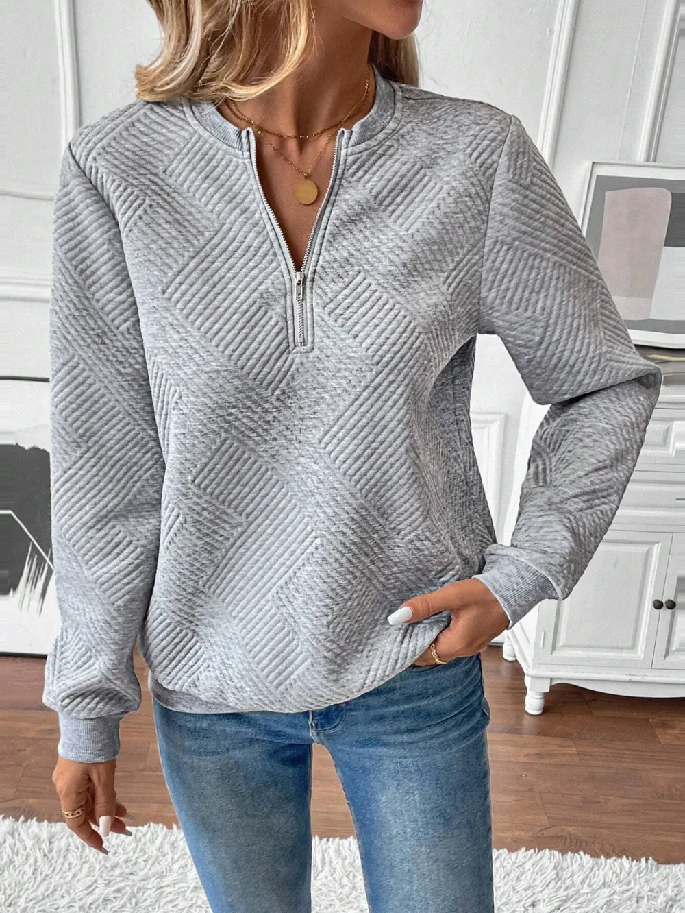Women's Autumn Sweatshirt, Notched Neckline, Long Sleeve, Regular Shoulder, Ribbed Insert