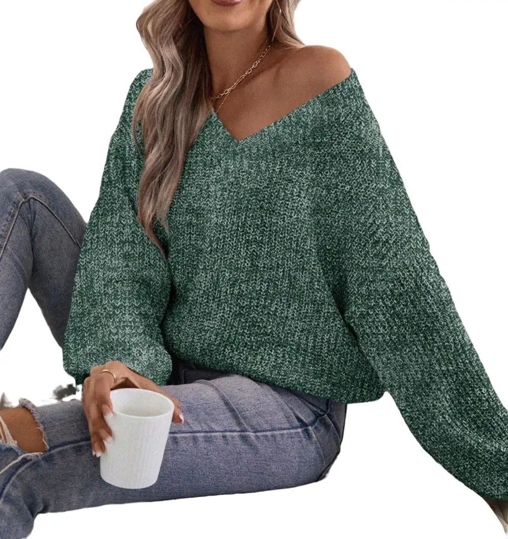 Casual Plain V neck Pullovers Long Sleeve Brown Women Sweaters (Women's)