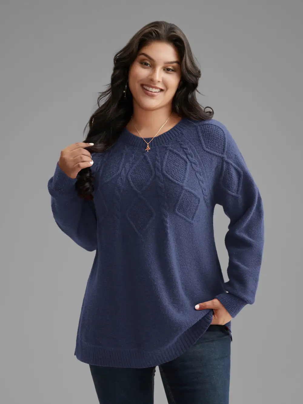 Cable Knit Bodice Crew-Neck Pullover