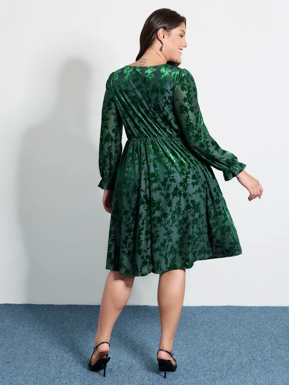 Velvet Floral Print Lace Pockets Party Dress