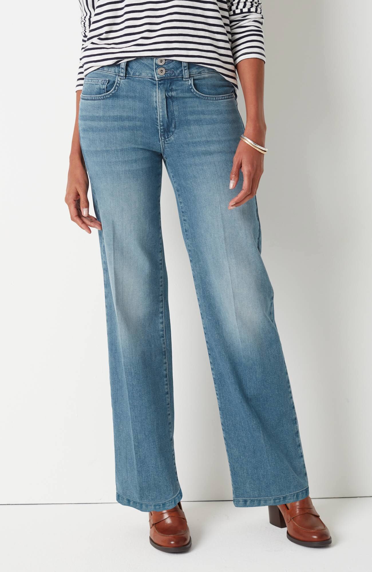 high-rise creased-front full-leg jeans