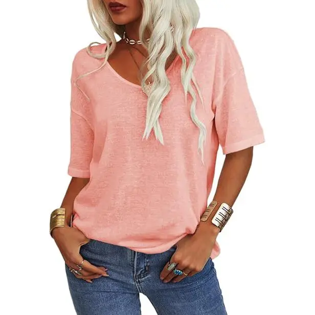 Women’s V-Neck Cotton T-Shirt – Solid Color, Lightweight Half Sleeve Casual Top for Summer & Fall