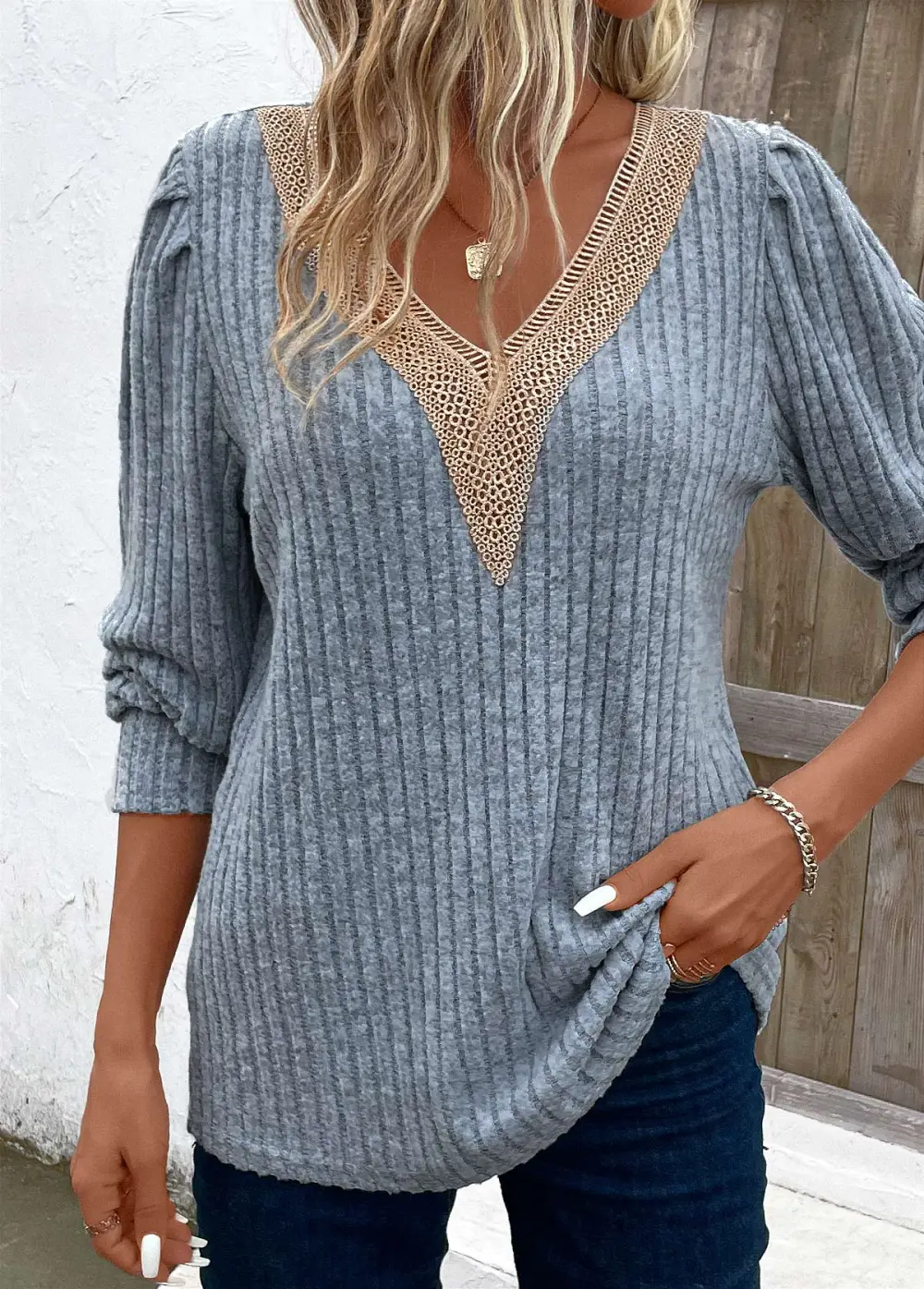 Dusty Blue Lace Long Sleeve V Neck T Shirt