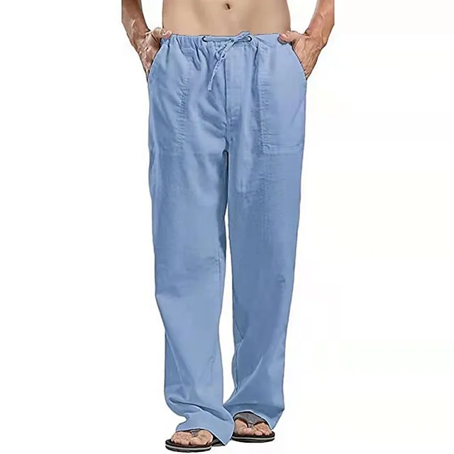 Men's Linen Pants Trousers Summer Pants Beach Pants Pocket Drawstring Elastic Waistband Plain Comfort Breathable Full Length Daily Streetwear Linen / Cotton Blend Fashion Casual / Sporty Loose Fit