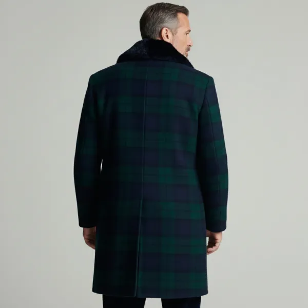 Men's Business Green Plaid Double Breasted Furry Collar Long Sleeve Overcoat