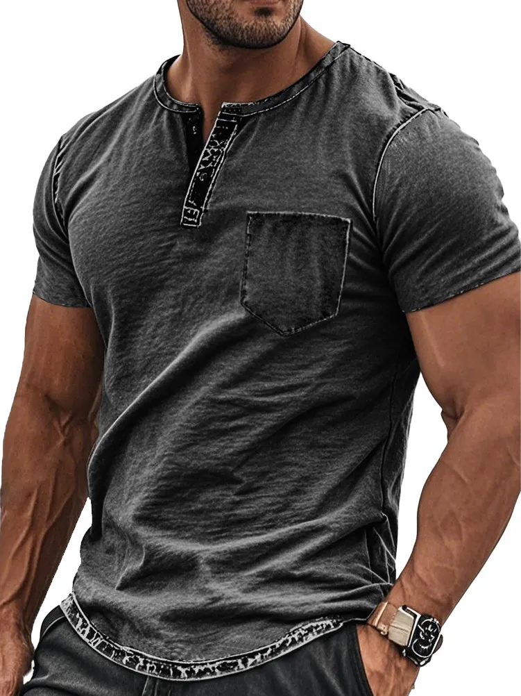 Men's Fashion Retro Distressed Pocket Short-sleeved Henley Shirt