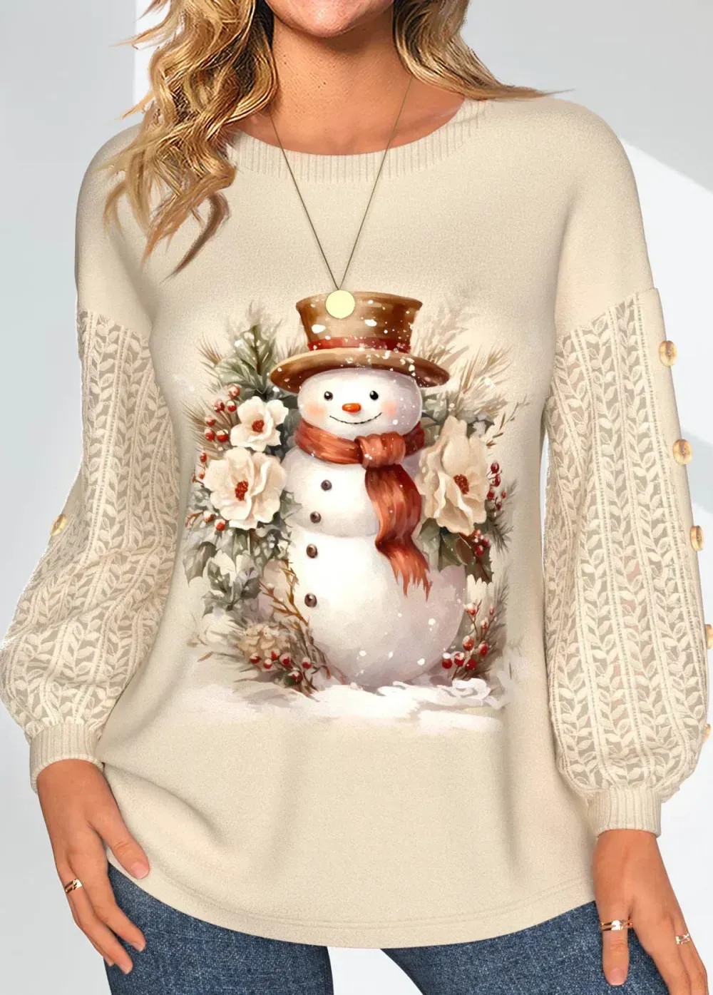 Christmas Lace Snowman Print Long Sleeve Round Neck Sweatshirt