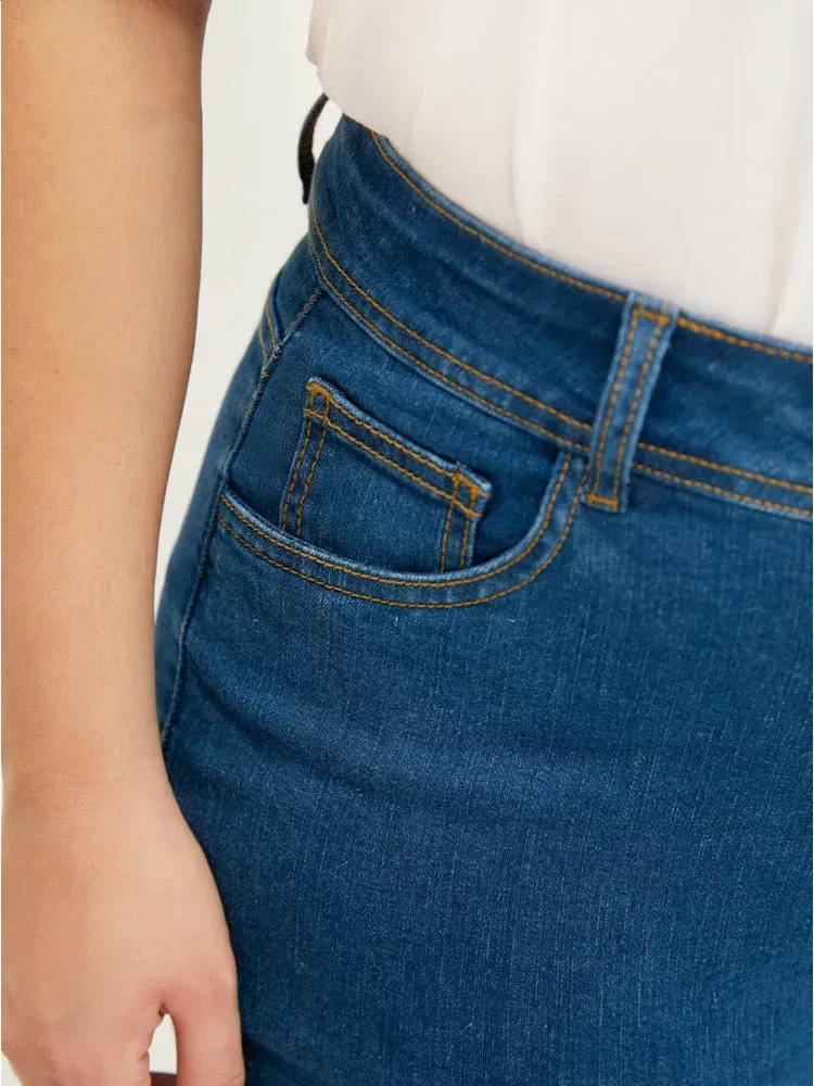 Very Stretchy High Rise Medium Wash Guipure Lace Knee Denim Shorts