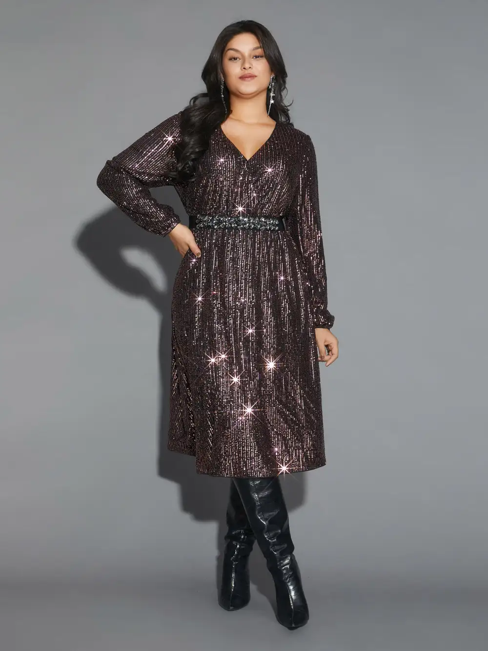 Solid Pocket Lantern Sleeve Wrap Sequin Dress
