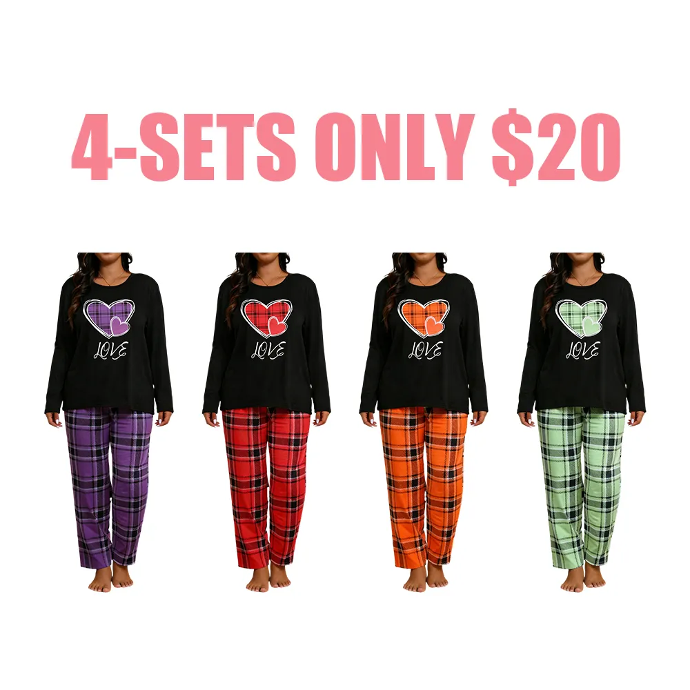 Two-piece Set Long Sleeve Heart Print Tee & Plaid Print