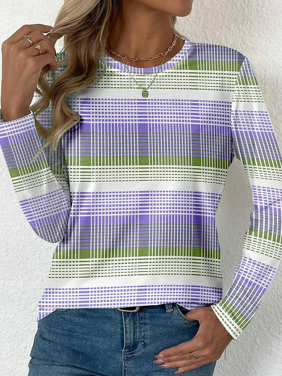 Easter Women's T shirt Long Sleeve Crew Neck Long Sleeve Tunic Graphic Plaid Stylish Modern Casual Regular Tops Daily Print Yellow Pink Blue Purple Green Fall Prefall