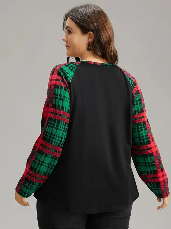 Plaid Contrast Notched Raglan Sleeve T-shirt