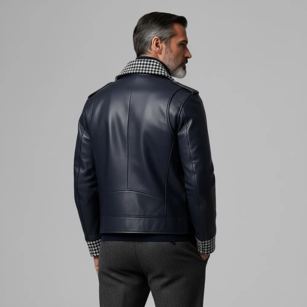 Men's Navy Blue PU Leather Houndstooth Pattern Patchwork Lapel Long Sleeve Zipper Biker Jacket