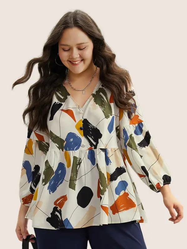 Brush Print Button Detail Elastic Cuffs Blouse