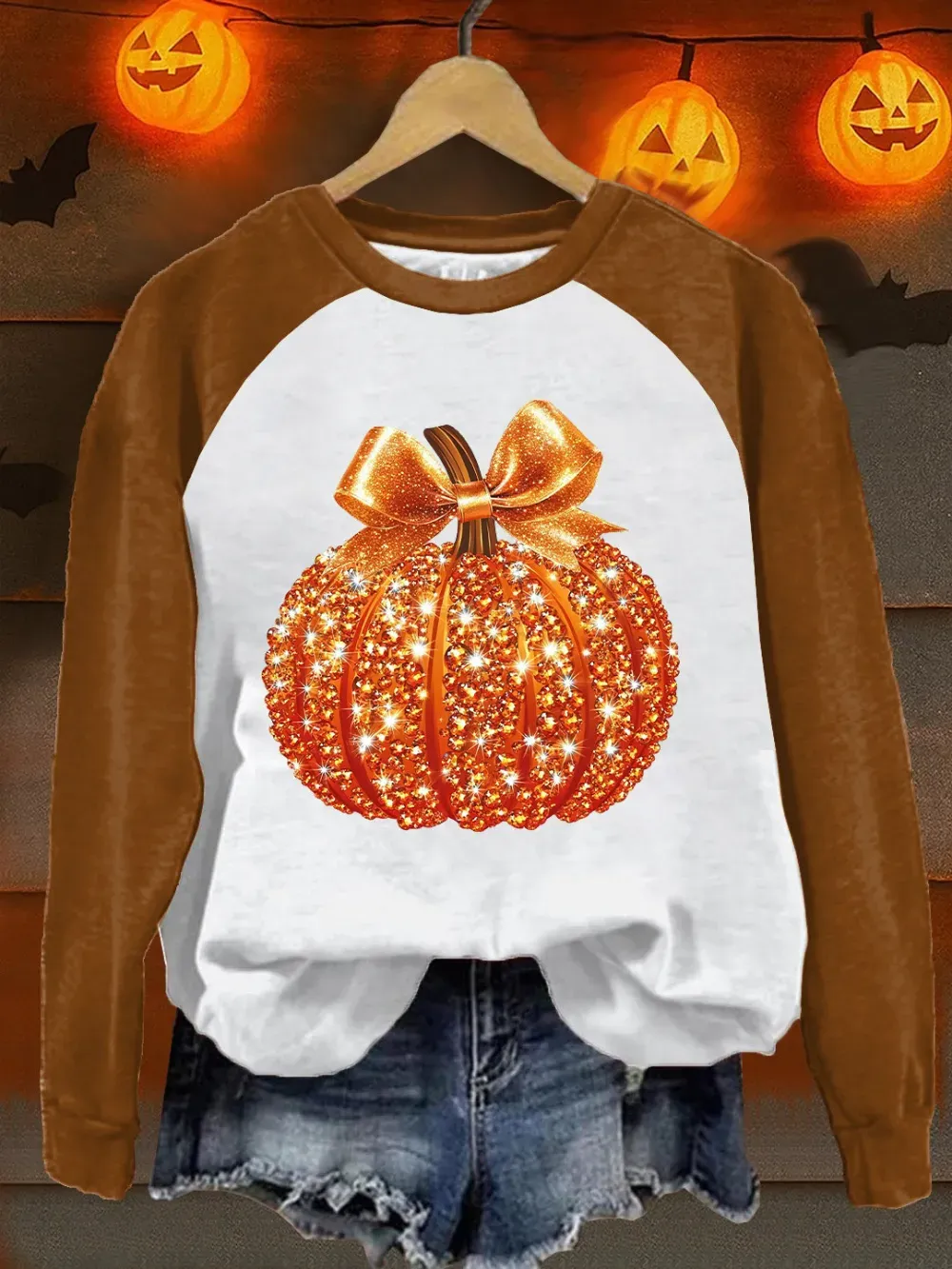 Women'S Retro Autumn Pumpkin Print Raglan Sleeve Sweatshirt