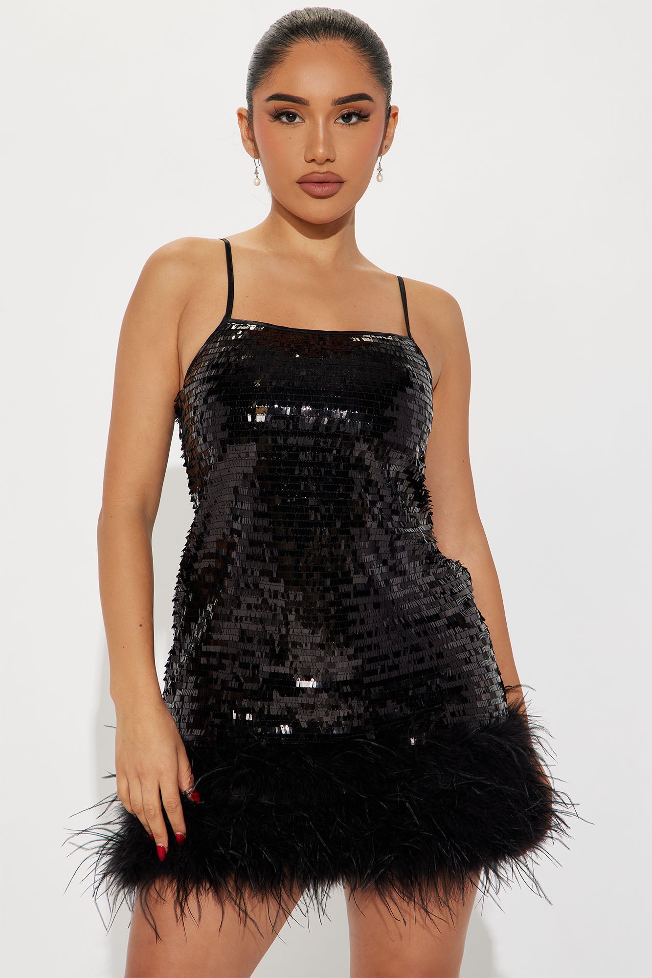 Serenity Sequin Feather Mini Dress - Black
