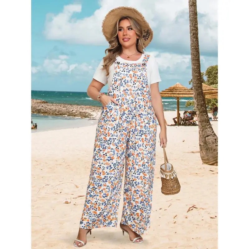 Plus Size Wide-Leg Jumpsuit with Pockets – Adjustable & Casual Fit for Summer