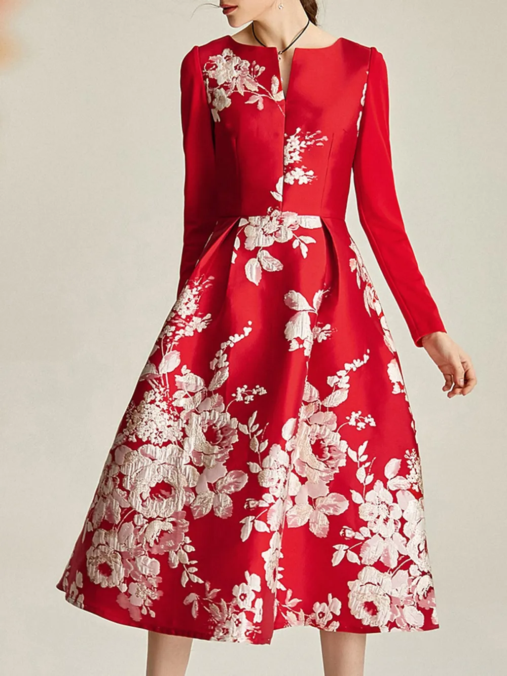 Printed Floral A-line Elegant Midi Dress