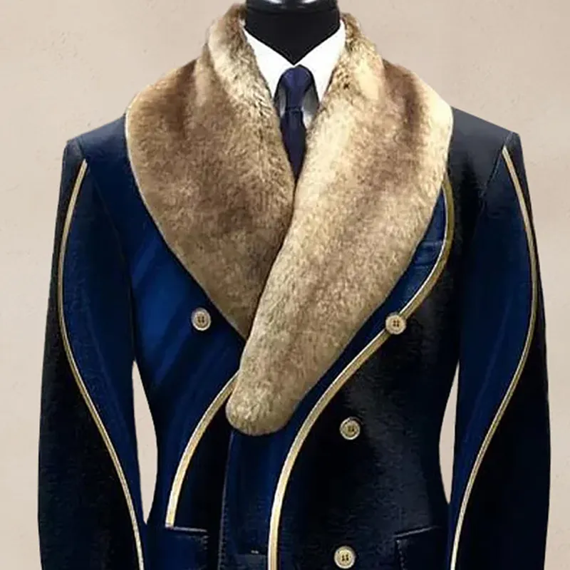 Men's Casual Contrast Binding Button Long Sleeve Windproof Fur Collar Overcoat