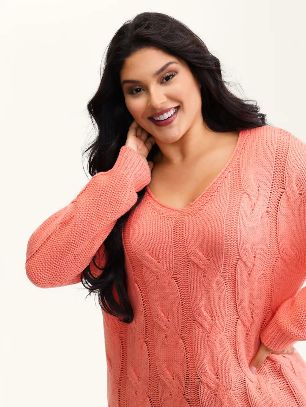 Cable Knit V-Neck Solid Pullover