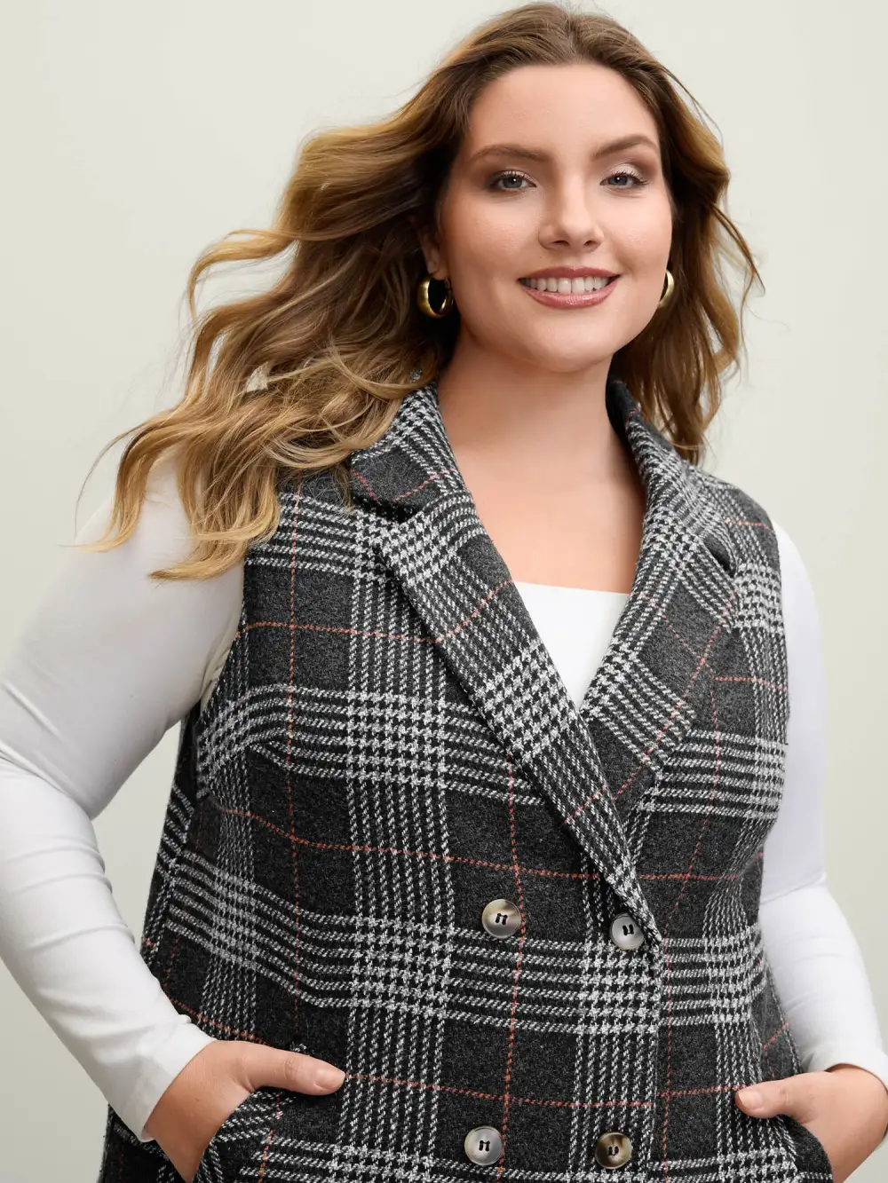 Textured Plaid Pattern Pockets Long Vest