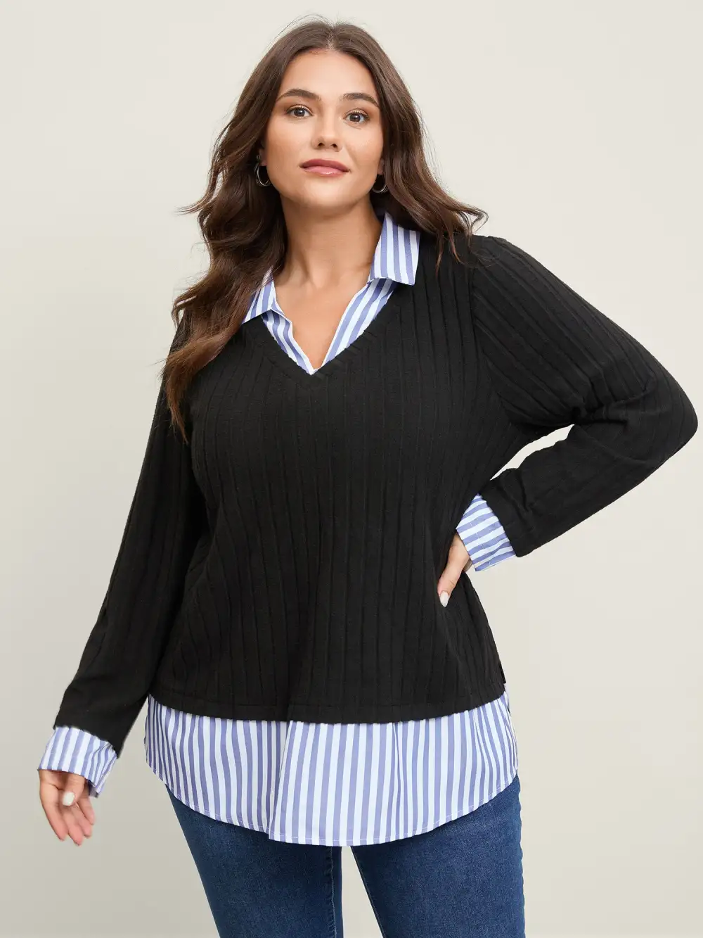 Ribbed Striped Stretchy Sweatshirt Top