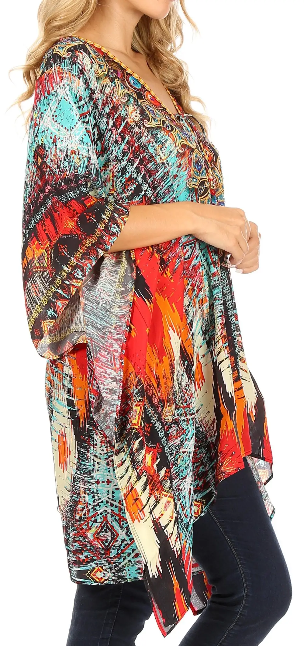 Women's Caftan Poncho Cover up V neck Top Lace up With Rhinestone